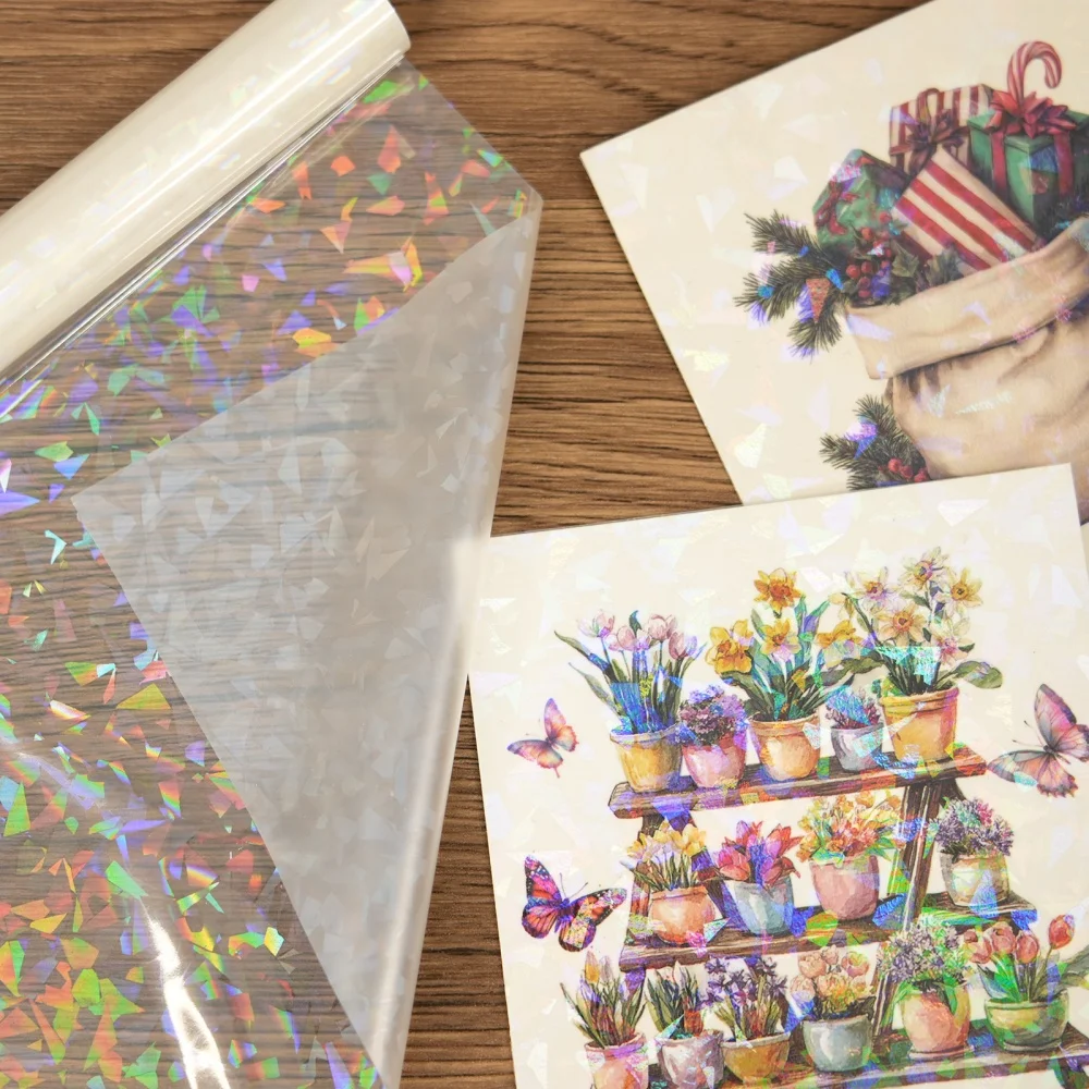 BOPP Holographische Vorbeschichtete Folie 22x500cm Transparent Wasserdicht Kratzfest Thermische Laminierfolie Rolle für DIY Papierhandwerk – Detail 4