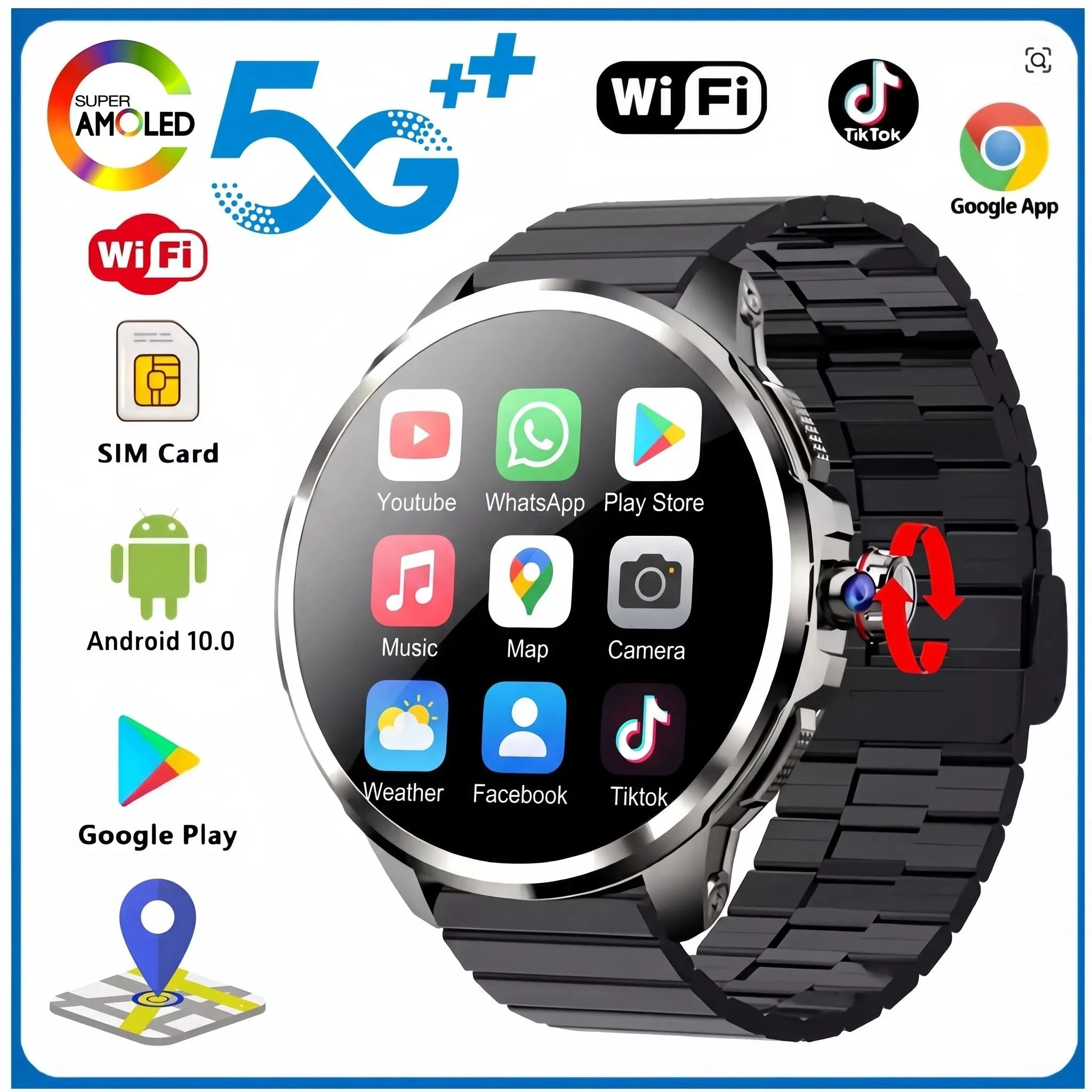5G LTE Smart Watch 1.95 inch Amoled large Screen 190° Rotating Camera GPS Position Health monitoring Google Play APPS Smartwatch