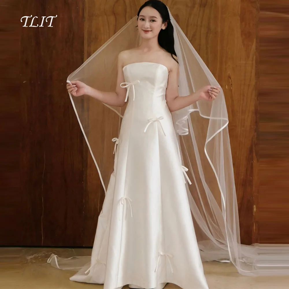 TLIT Einfaches Brautkleid in A-Linie aus elfenbeinfarbenem Seidensatin, maßgeschneidertes trägerloses Brautkleid mit Schleifen, Korea-Hochzeitskleider, Fotoshooting