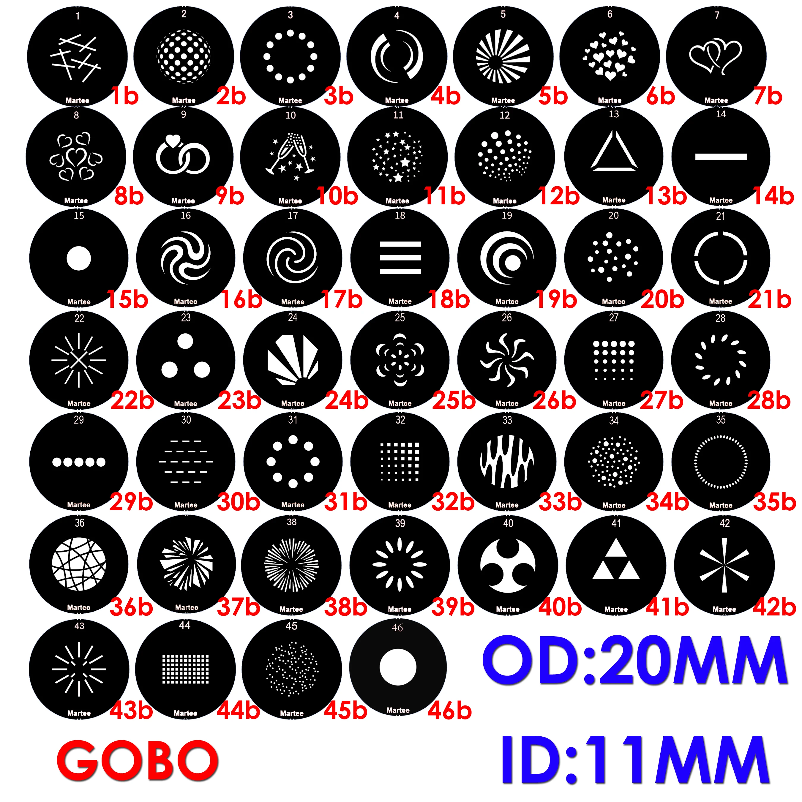 OD 20mm Gobo, image 11mm &14mm, classic moving head light pattern, wedding celebration party, dancing machine singing beam light