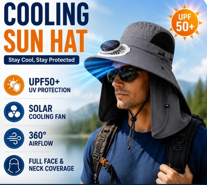 Solarbetriebener, wiederaufladbarer Ventilatorhut, UV-Schutzhut, Sonnenschutz-Fischerhut, Kühlhut für Outdoor-Camping, Angeln, Wandern