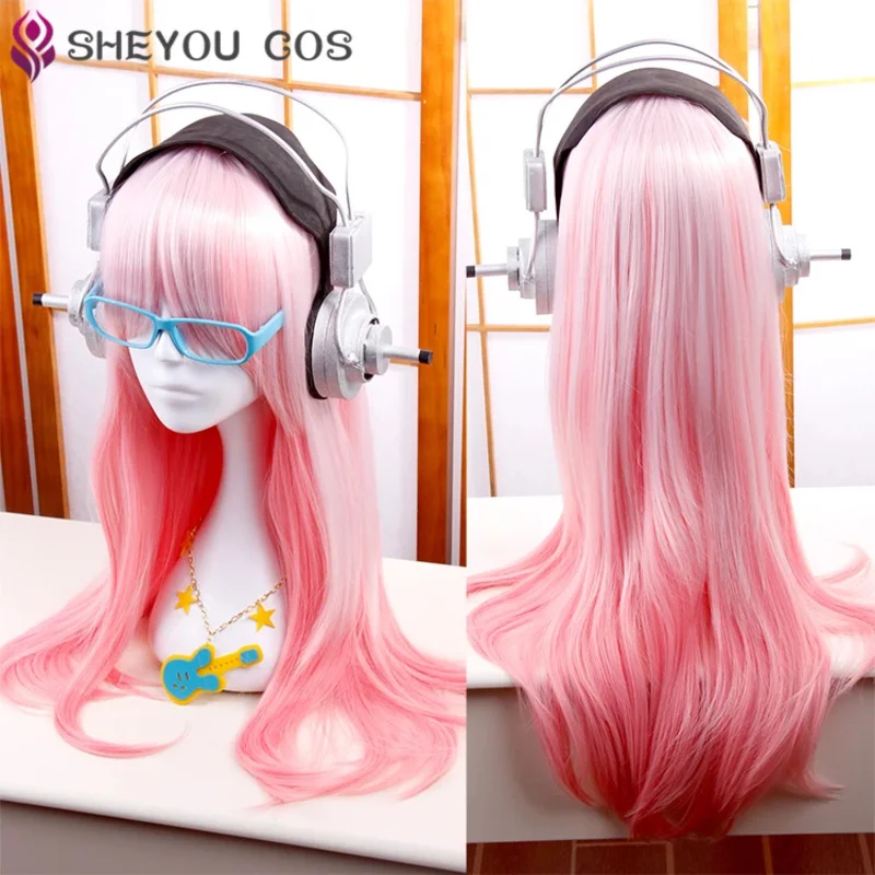 Supersonico Super Sonico 60cm de largo pelo rosa ombré con accesorio para auriculares peluca de disfraz de Cosplay resistente al calor + auriculares de juguete