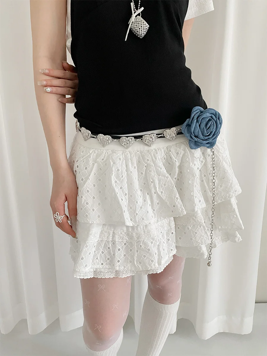 French Chiffon Floral Waist Belt For Women Vintage High-End Denim Blue Rose Pattern With Skirt Dress Waist Rope Decoration