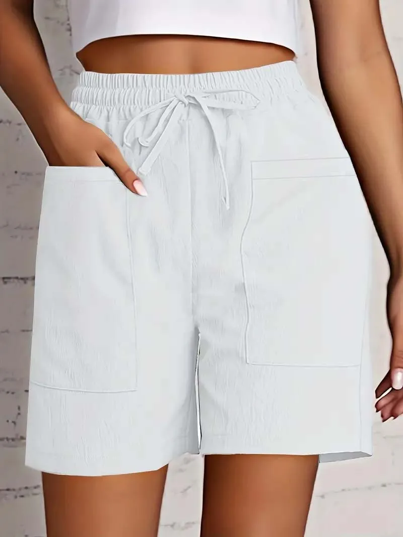 Fotografia 5: Shorts femininos de cintura alta de 4 polegadas verão – shorts casuais soltos com bolsos, bermuda de cor sólida para roupas