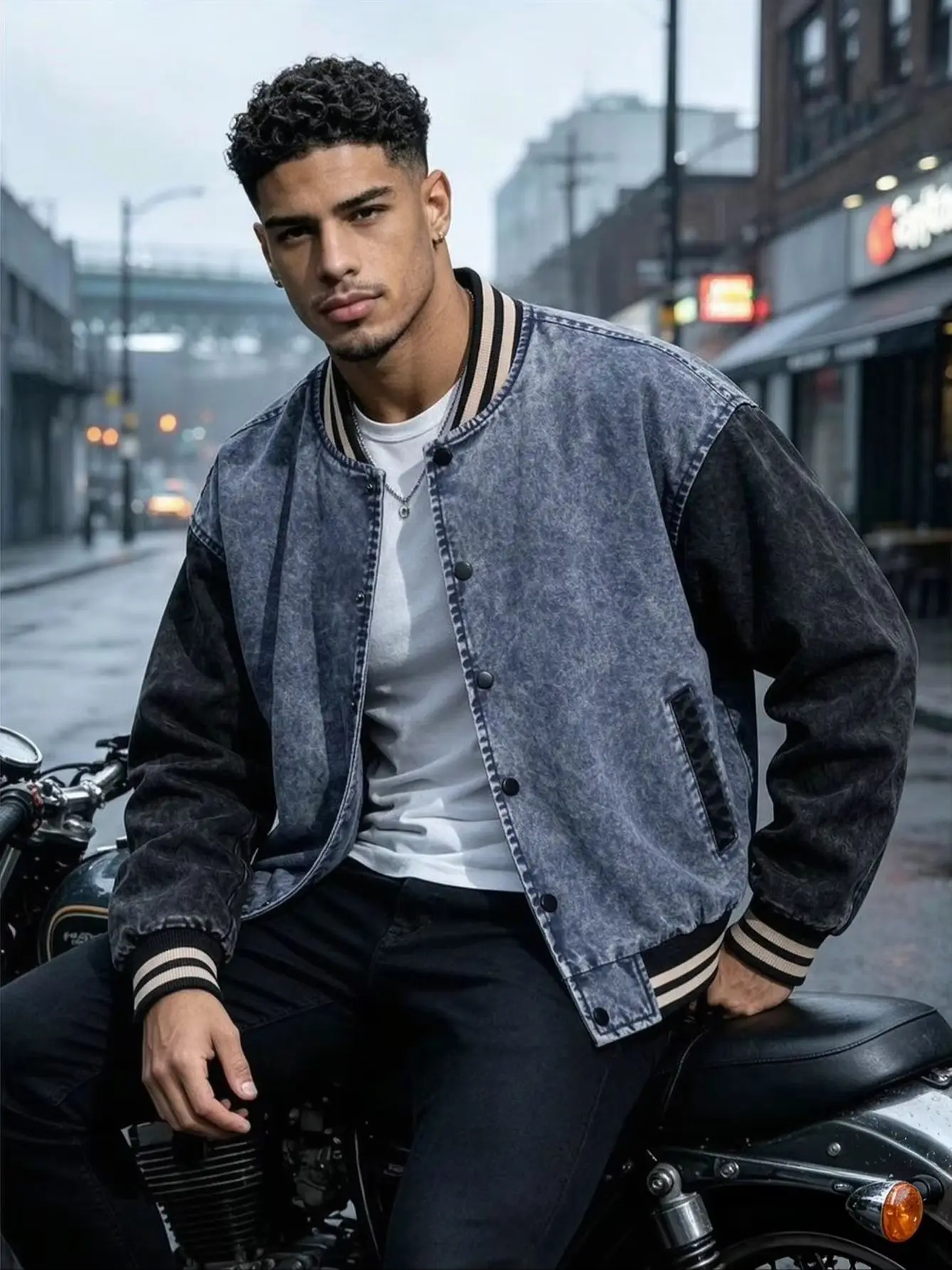 Herren Vintage Washed Denim Varsity Jacke Farbblock Knopfleiste Mantel Locker Sitzende Passform Lässige Herbst-Winter-Oberbekleidung – Detail 1