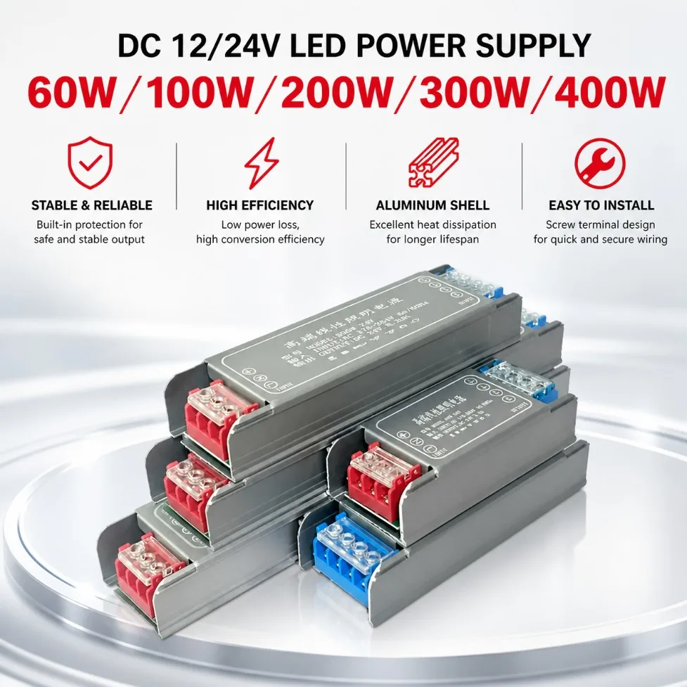 AC176-264V to DC12V/24V Ultrathin LED Power Supply Switching Transformers 60W 100W 200W 300W 400W LED Driver for LED Lighting