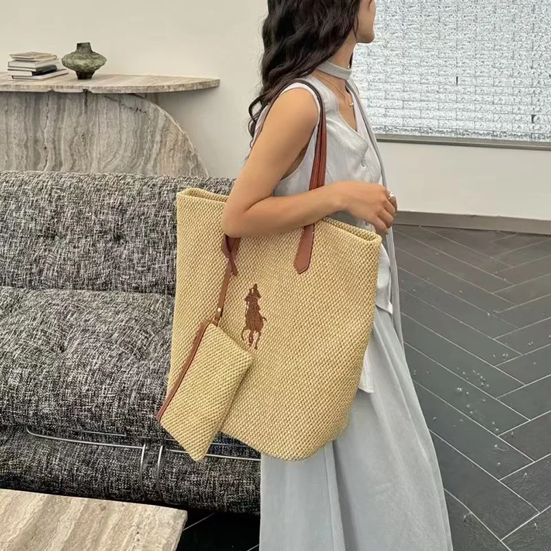 2025 جديد كسول نمط القش المنسوجة حمل حقيبة اللون كتلة بولو الحصان العلامة التجارية حقيبة كتف مفردة سعة كبيرة موضة دلو حقيبة F...