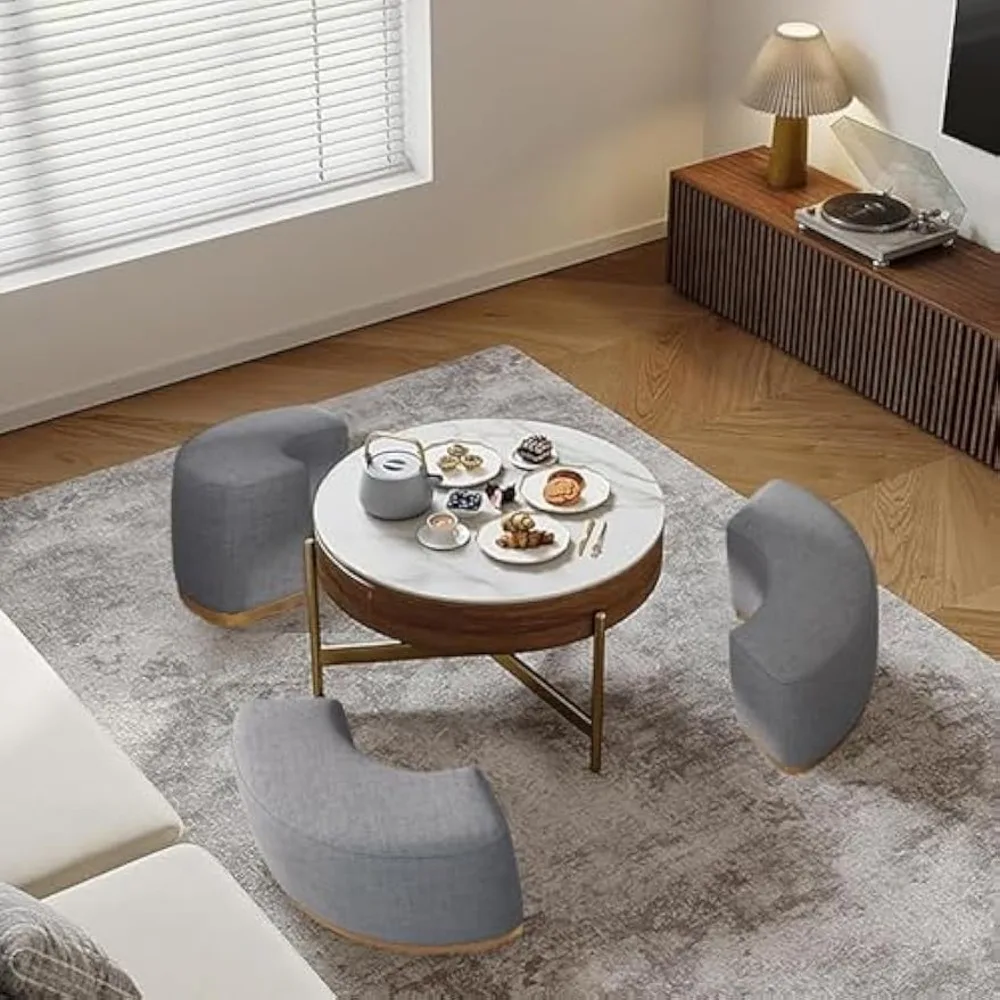 32'' Lift Top Coffee Table Set, Round Marble Coffee Table with Storage and Nesting Ottomans - Modern and Functional Living Room