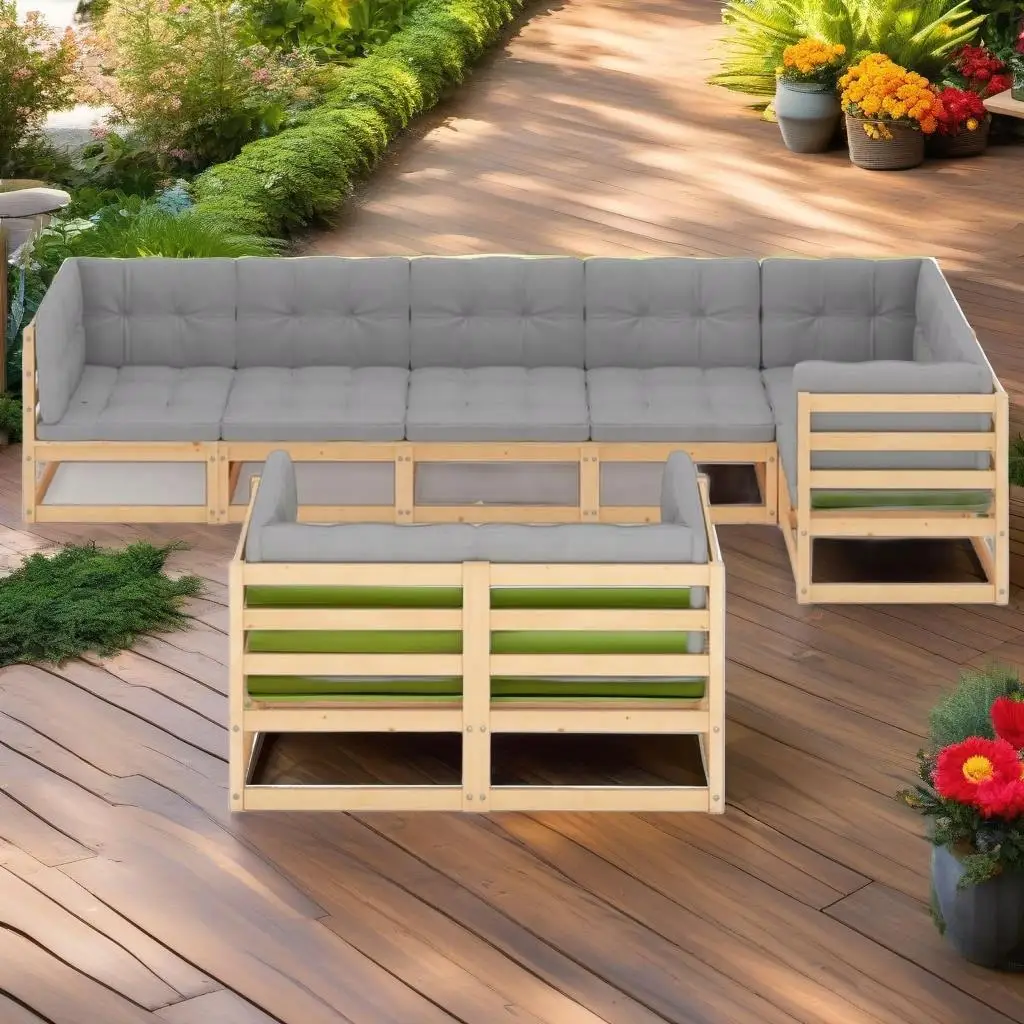 8-Piece Outdoor Patio Lounge Set with Cushions - Durable Solid Pinewood Furniture