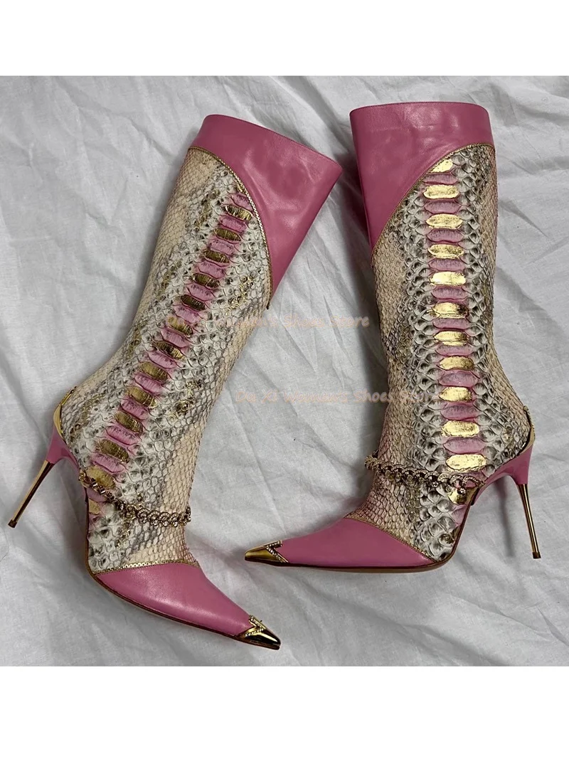 Pink Snakeskin-Effect Leather Paired With Gold Mosaic Rhinestone Chain Luxury Women's Color-Block Knee-High Boots Pointed-Toe St