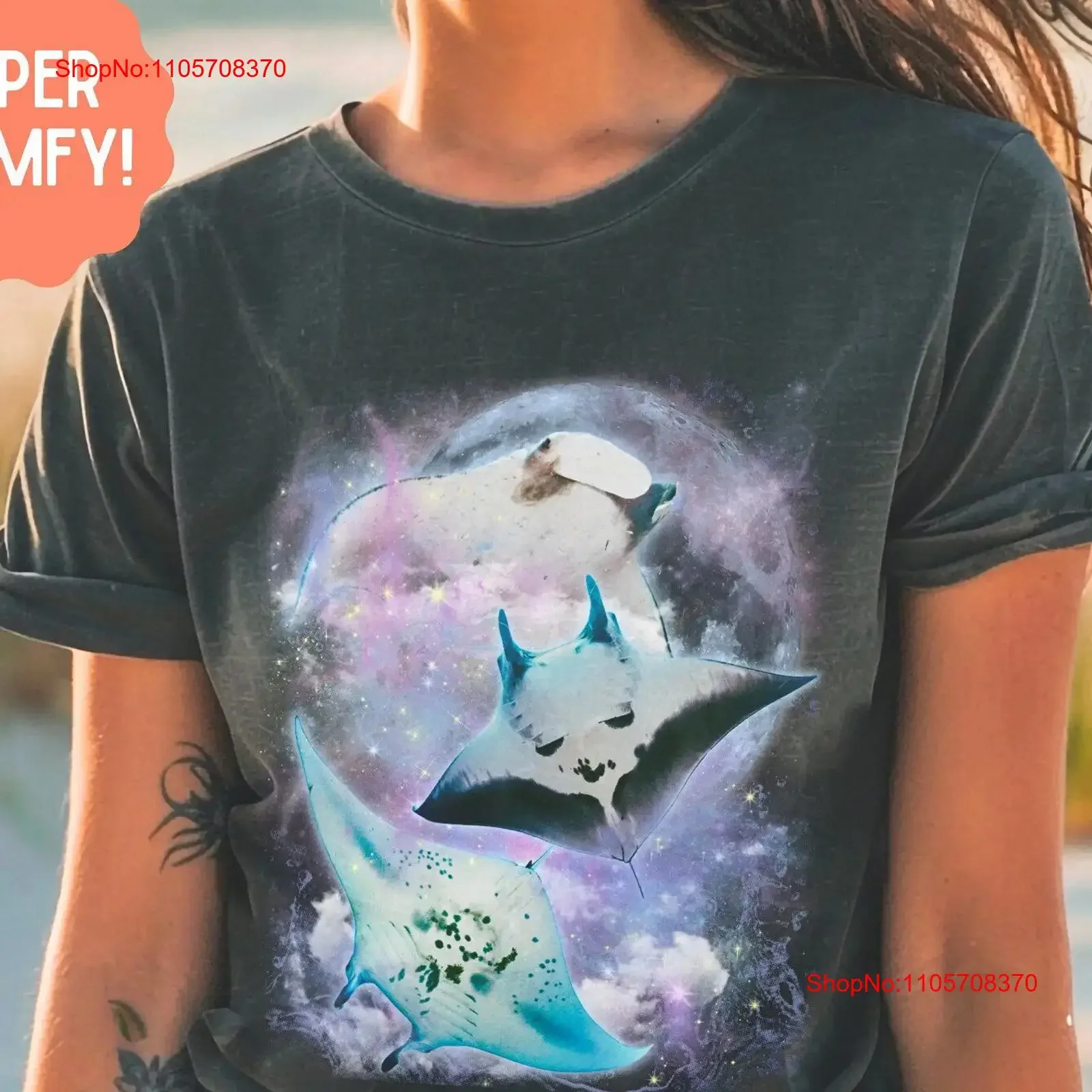 Moon Manta Ray Bootleg Vintage T Shirt Marine Biology Fun Band for Biologist vintage Washed fashion Top For Everyday Wear