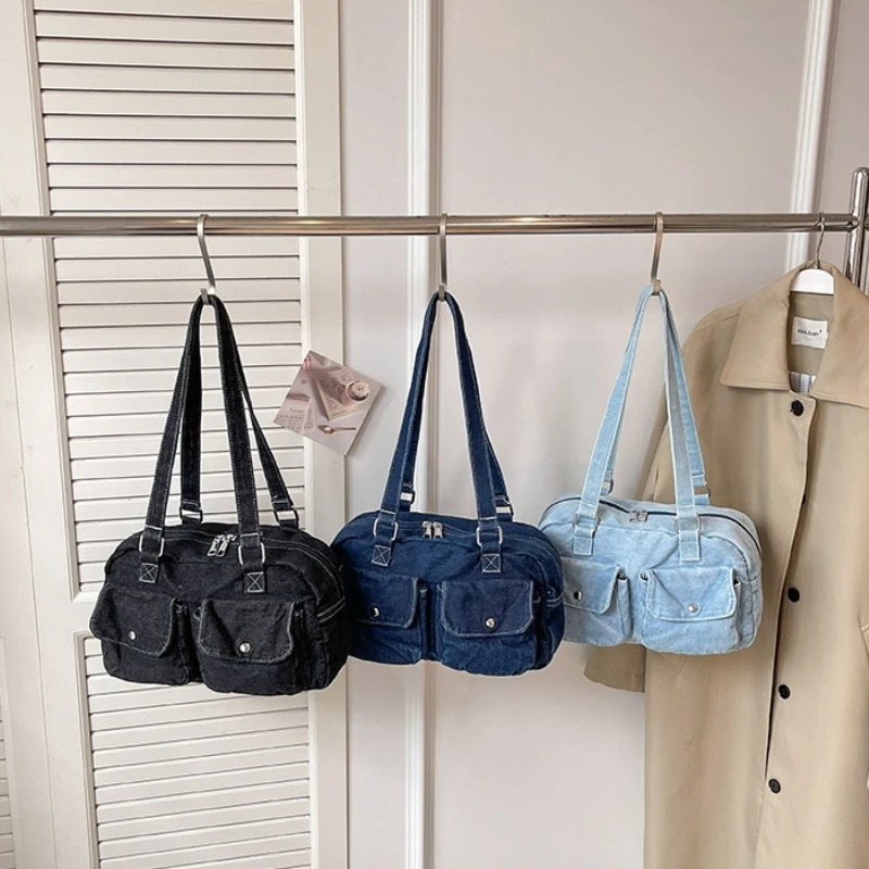 

New Women Denim Shoulder Underarm Bag Multi Pocket Casual Bowling Bag Washed Denim Textured Commuter Shoulder Bag
