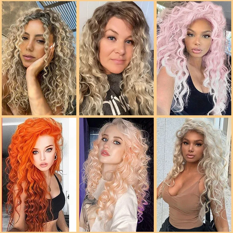 Perruque longue bouclée blonde ombrée pour femme, perruque ondulée, perruque de cheveux synthétiques en couches moelleuses naturelles, perruque de fête cosplay, utilisation 03