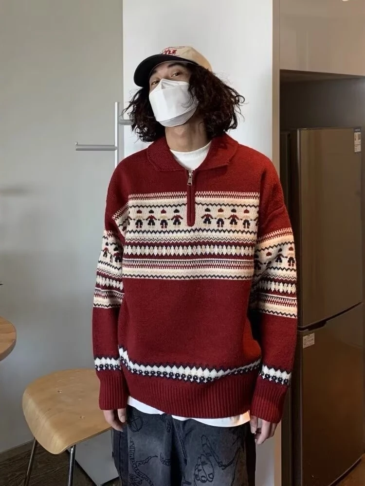 

Мужской свитер на молнии в американском ретро-стиле, вязаный, свободного кроя, с отложным воротником, красный, новогодний, осенне-зимний, повседневный