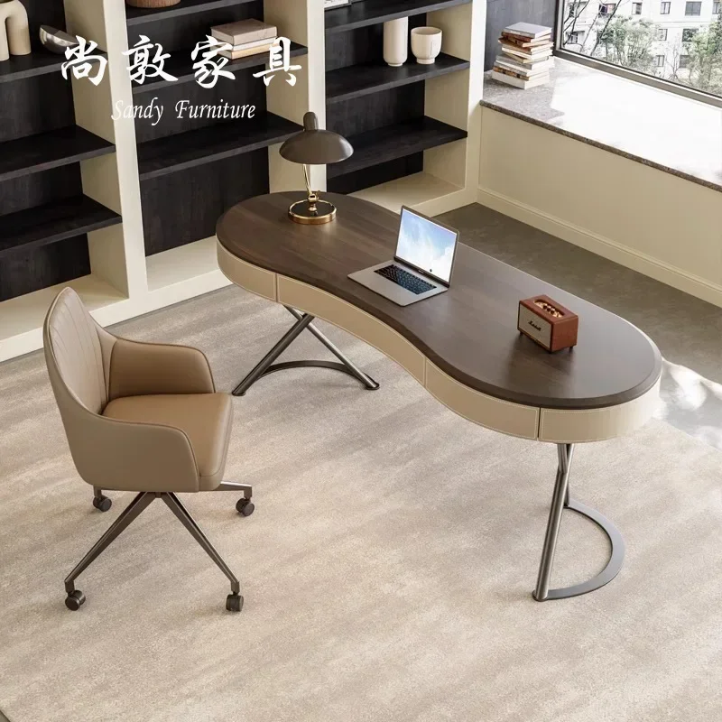 

Retro Style Book Desk And Chair Combination Oval High-end Solid Wood Walnut Saddle Leather Computer Desk Desk