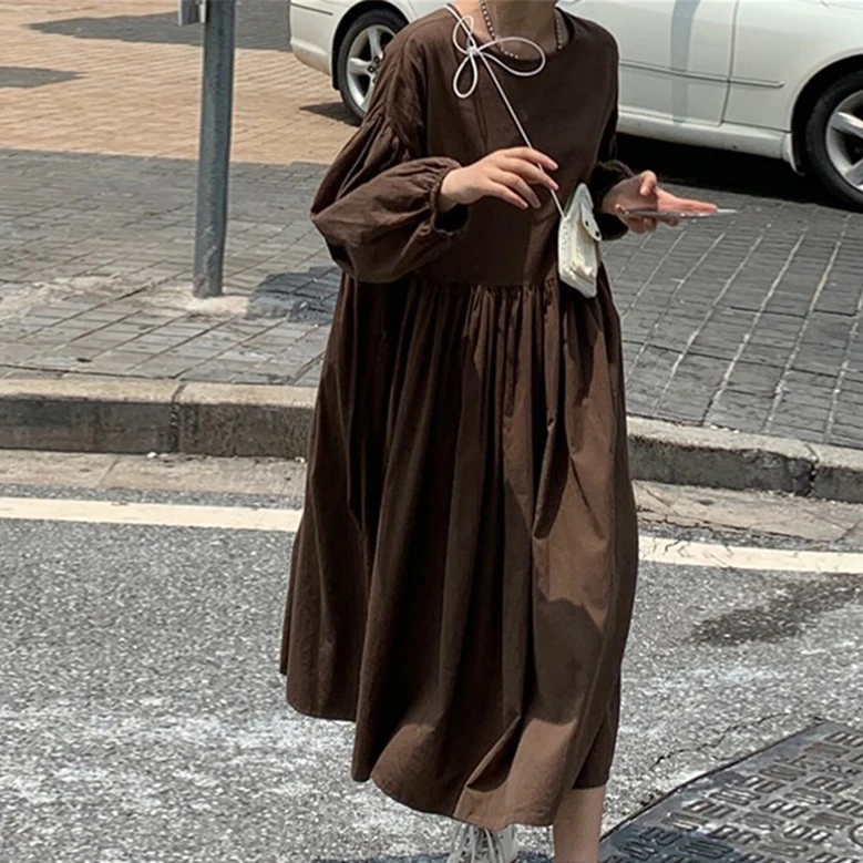 

Autumn Women Round Neck Dress Fashion Casual Harajuku Loose Dresses Ladies Solid Vintage Long Sleeve Pullover Vestidos Female