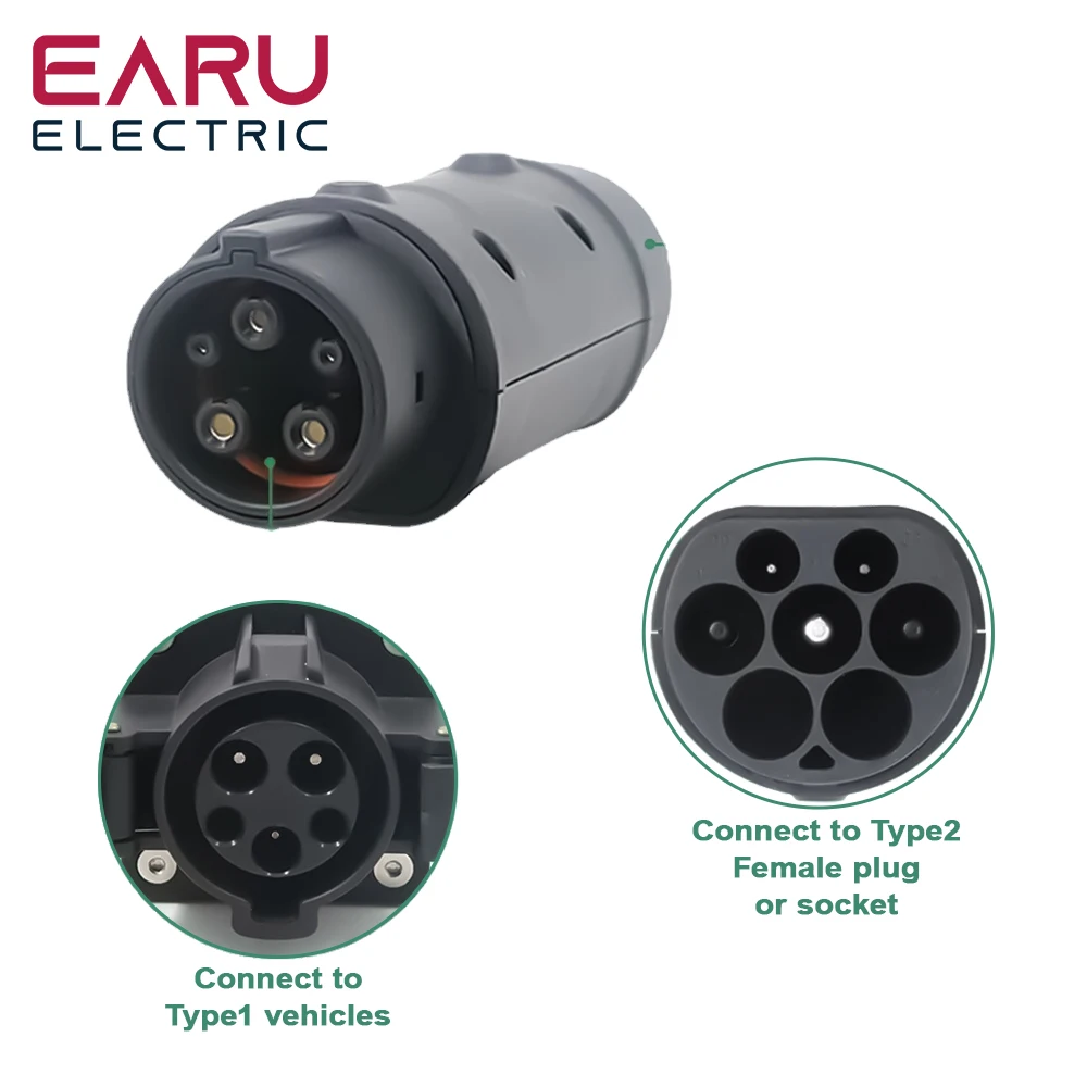 Earu 32A 22KW EV Charger Adaptor For Charging For Electric Vehicle Connector Type 2 to Type 1 SAE J1772 7.2KW Conventor