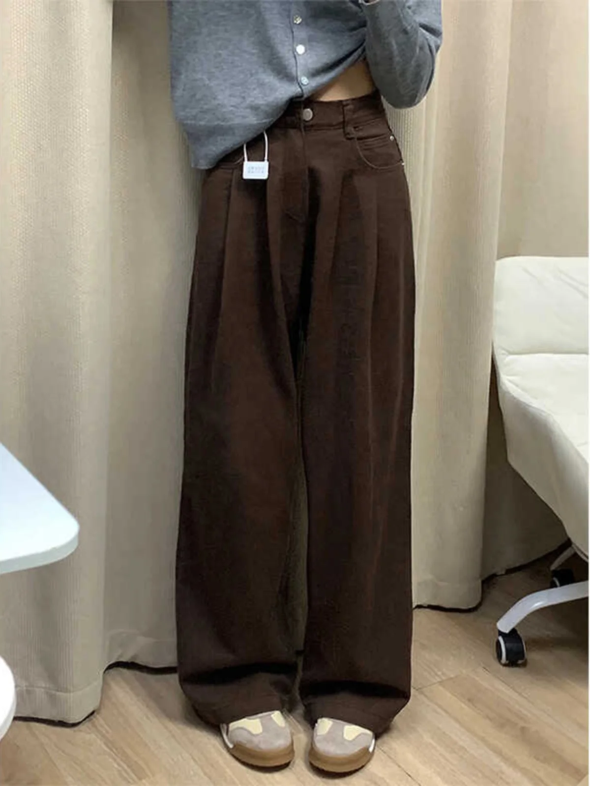 plus Size High Waist Deep Coffee Color Denim Pants Women's Spring New Style Loose Wide Leg Pants for Pear Shaped Body