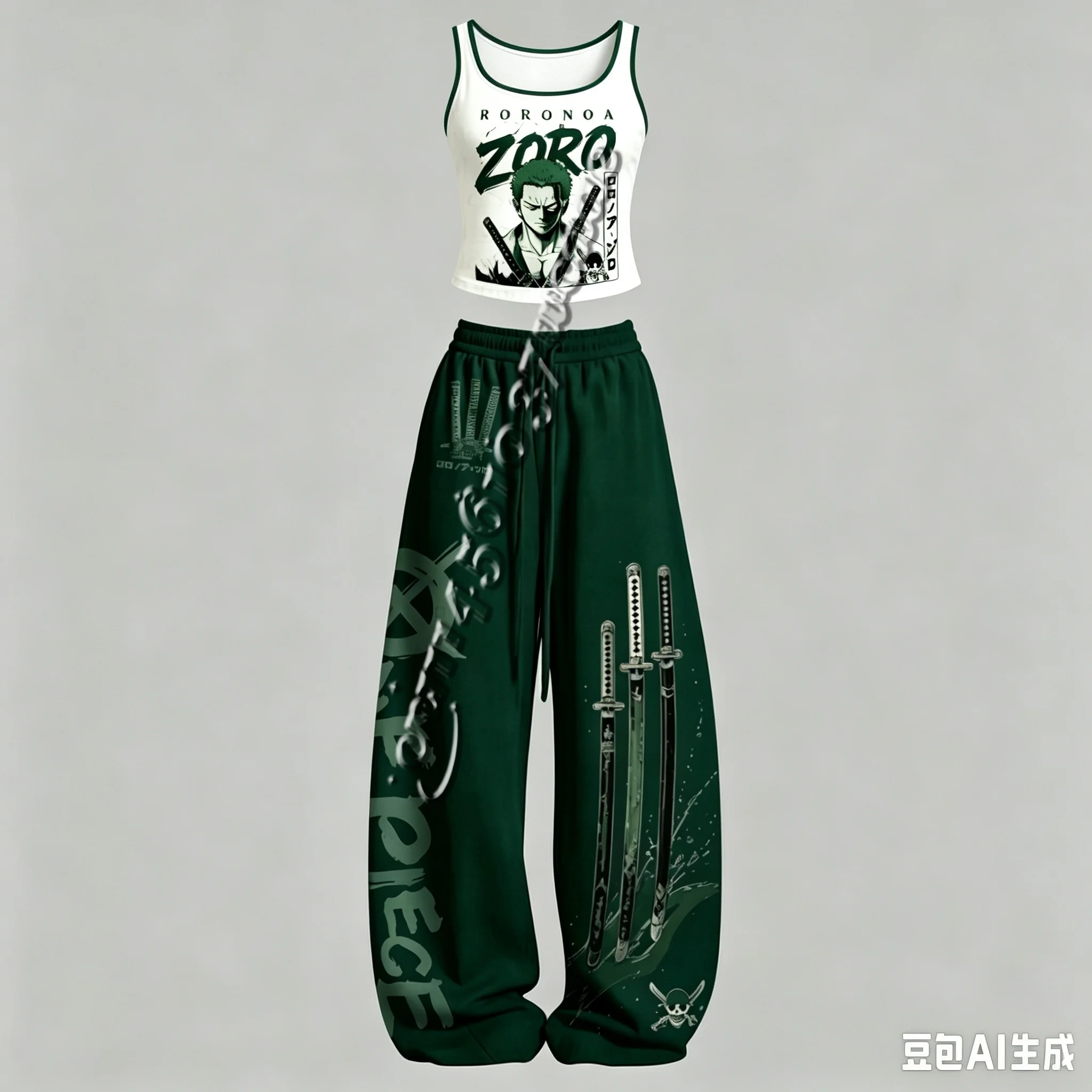 26/27 One Piece Luffy Gear5 Zoro Serie Anime-Charakter Tanktop Weite Hose Set, Unisex Anime-Outfit für die Familie