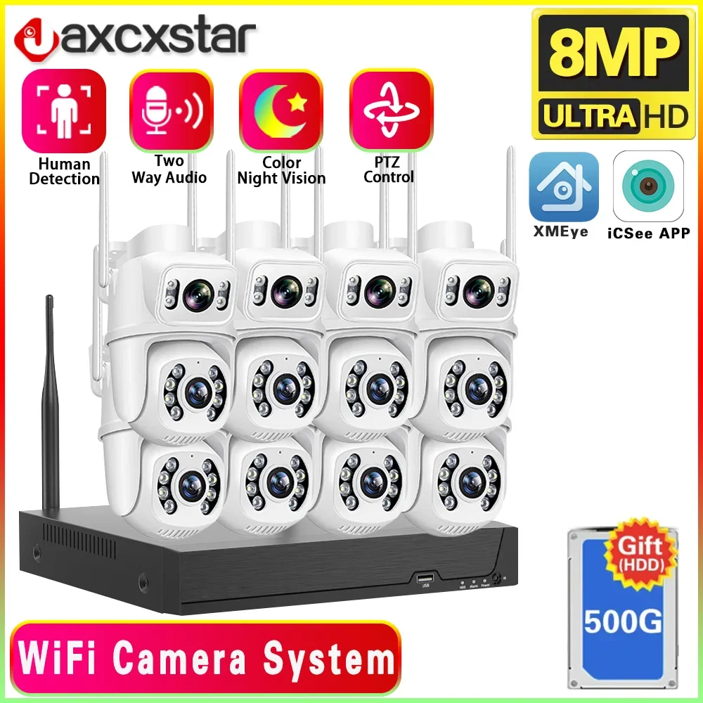 8MP Wifi Surveillance Cameras System Smart 8CH WiFi NVR 4K 360° Wireless Outdoor Security IP Camera Monitoring Kit Night Vision