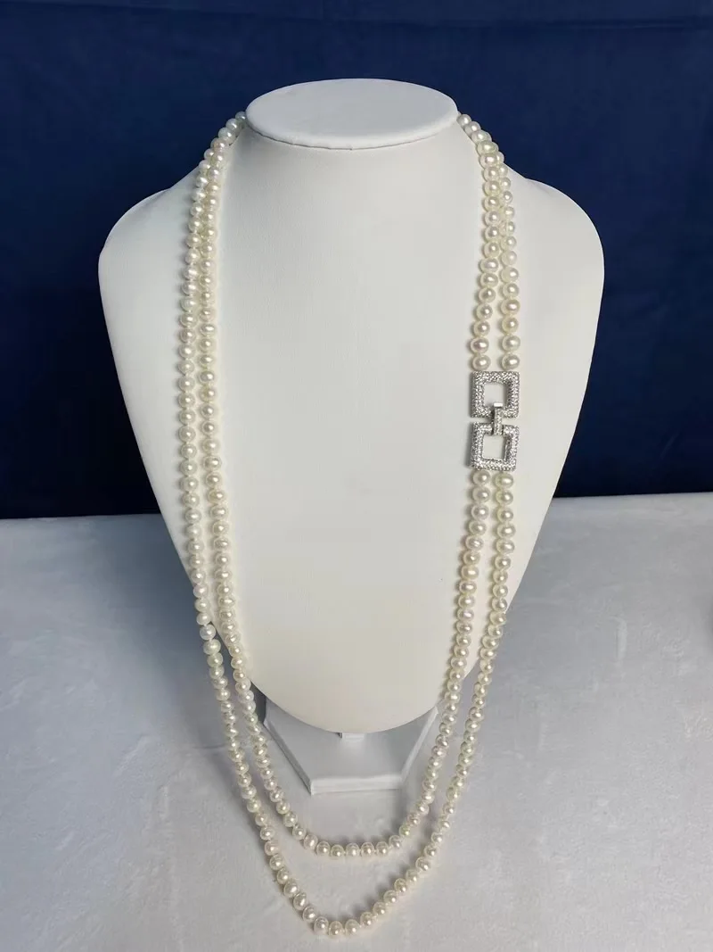 

Double Strand Aaaa 7-8mm Round Natural Akoya Real White Pearl Necklace 22" 23" Free Shipping At Wedding