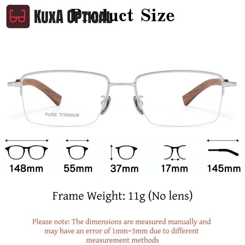 

XUKA Men's Luxury Pure Retro Square Sandalwood Big Size Eyeglasses Frame K6801 Titanium Business Half Frame Glasses Fashion