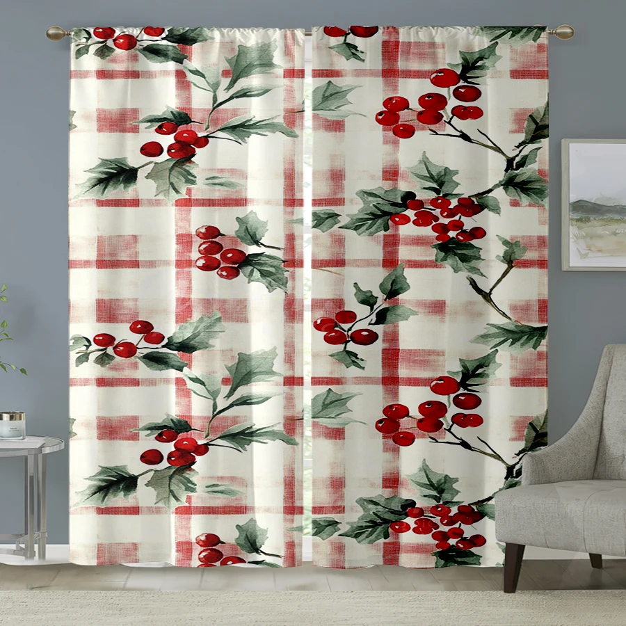 2PCS Christmas Winter Curtains, Plaid Red Berry Pine Branch, Digital Print, Bedroom Living Room, Home Decor Window Drapes