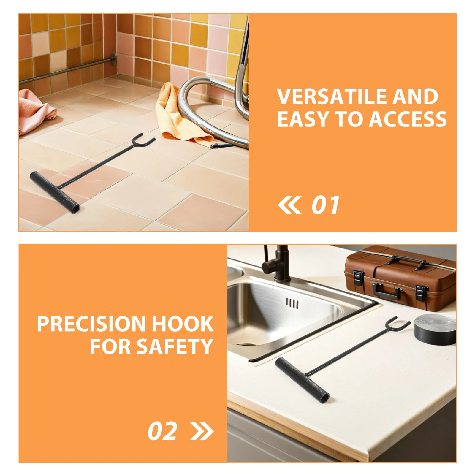 2Pcs Heavy Duty Manhole Hook Tool with Extended -Shaped Fork End for Lifting Manhole Covers Drain Grates Sewer Valves