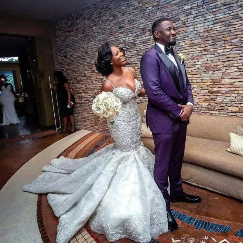 Customized Luxury African Mermaid Wedding Dresses Plus Size 2025 Robe De Mariee Black Girl Women Lace Gowns Handmade Bride