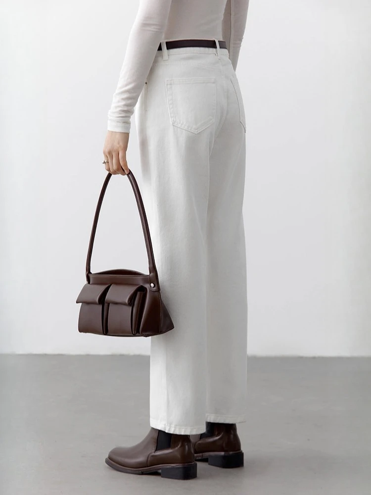 شيك فين النساء السراويل البيضاء ضئيلة عالية الخصر القطن مستقيم الساق عادية سليم الساق الجينز فتاة بنطلون ربيع الخريف 2025 #3