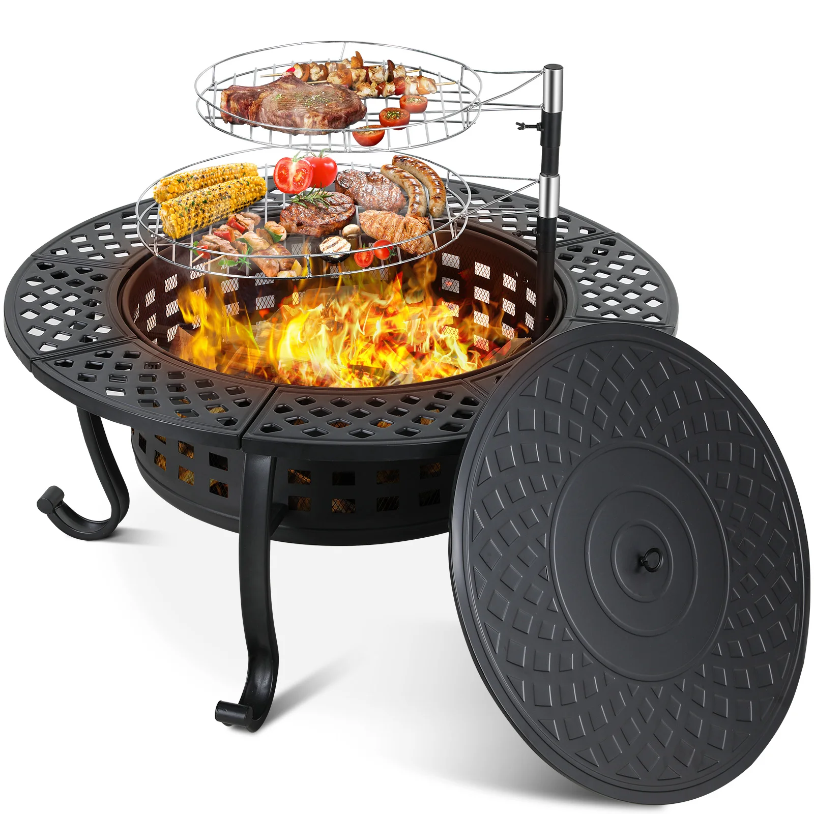 

Outdoor Wood Burning Fire Pit 37"(94cm) Grill 2 Barbecue Grills Backyard Patio BBQ Camping Pirecart 2 in 1 Fire Pit Grill &Cover