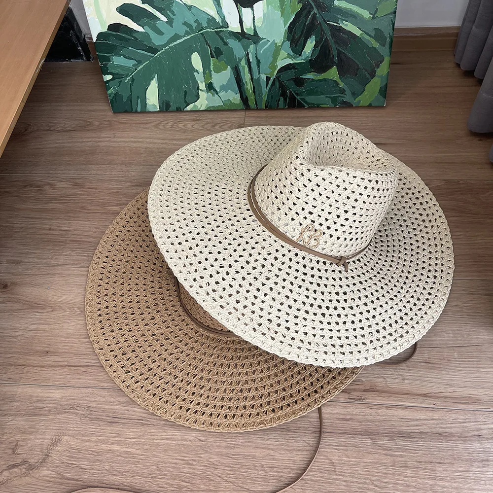 Hollow Straw Hat Wide Brim UV Sun Hat Summer Outdoor Beach Vacation Shade Cap