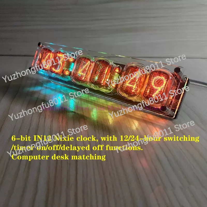 6-bit IN12 Nixie Clock, Glow Tube Clock, with 12/24-hour Switching/timer on/off/delayed Off Functions. Computer Desk Matching