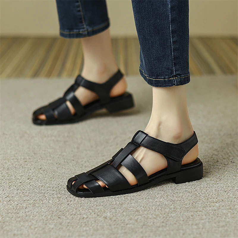 Meotina Women PU Leather Gladiator Shoes Low Heel Summer Sandals Thick Heels Buckle Narrow Band Ladies Footwear 2022 Beige Black