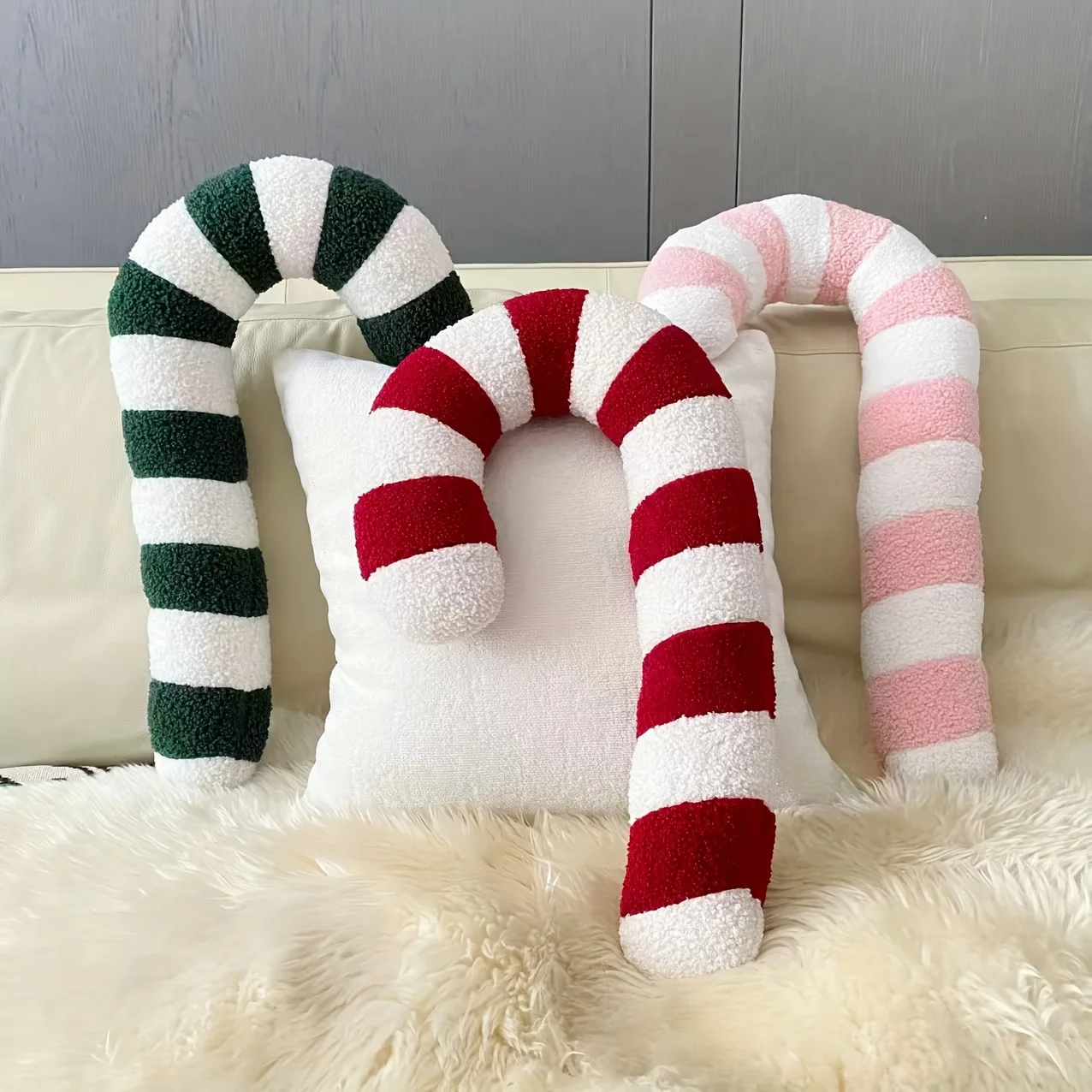 Plush Candy Cane Pillow Christmas Decor Cushion with Red Pink Striped Candy Cane Design Soft Plush Fabric for Holiday Home Deco