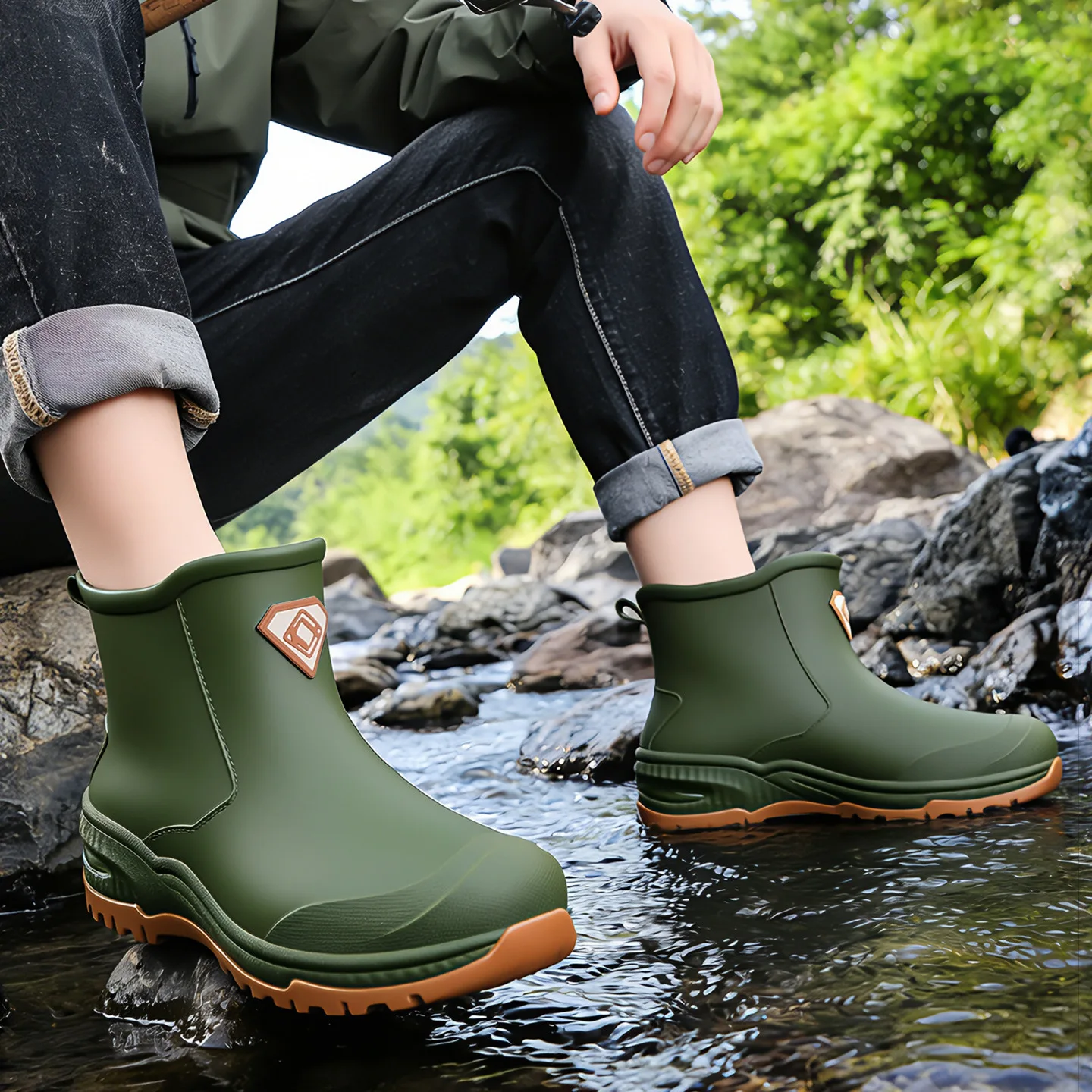 Botas de agua con suela gruesa resistentes al desgaste, botas cortas para hombre de color verde militar para rastrear ríos, botas de lluvia, zapatos de agua impermeables para hombre