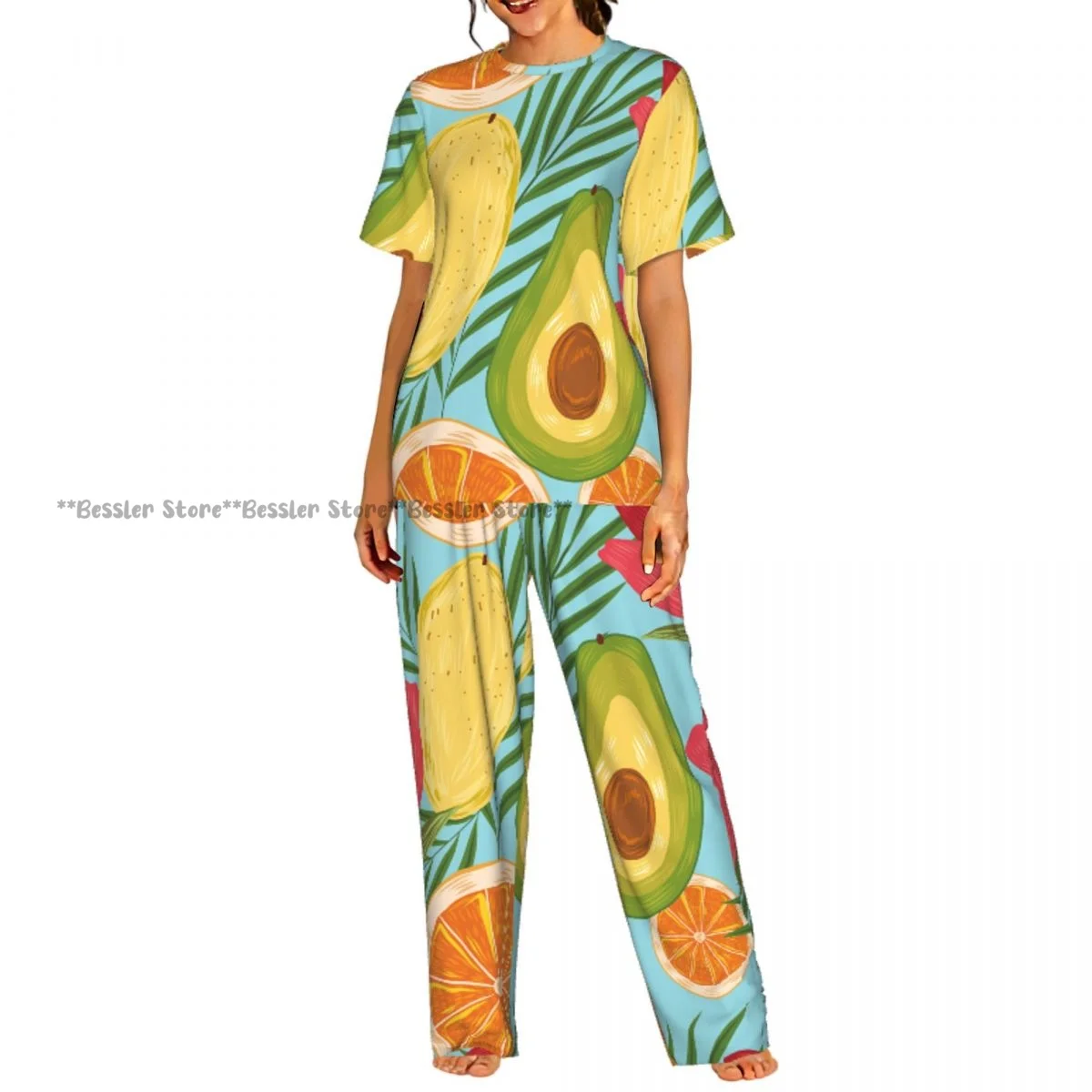 

Женский комплект пижамы с короткими рукавами и брюками в тропическом стиле