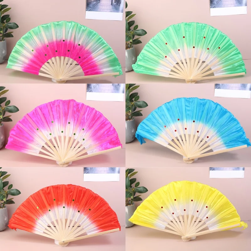 1PC 30cm Chinese Short Bellydance Fan Bamboo+10/20cm Half Circle SilkVeil Pairs Yangko Belly Dancing Fan Hand Dye Adults