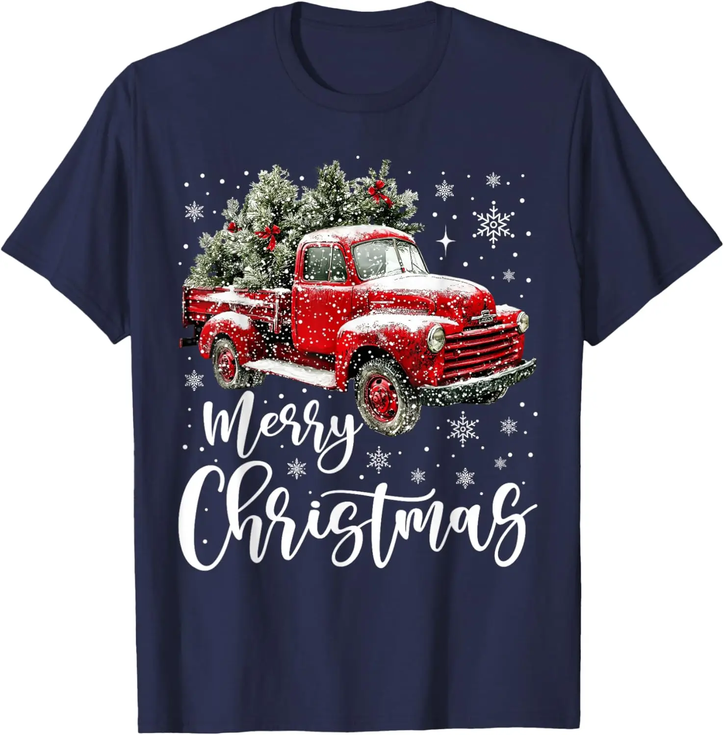 Merry Christmas Red Truck Family Matching Christmas Graphic Tshirts Crewneck Regular Short Sleeve Casual Style Adult Unisex