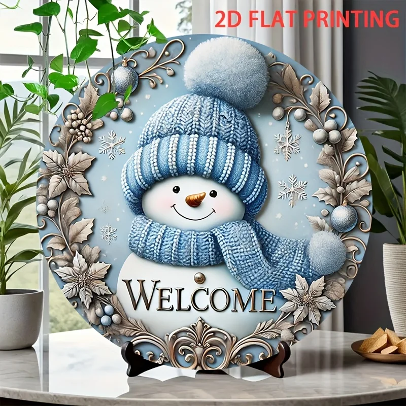 2D Planar Winter Snowman Welcome Sign - Circular Wooden Wall Art, High-Resolution 2D Printed Designzyc