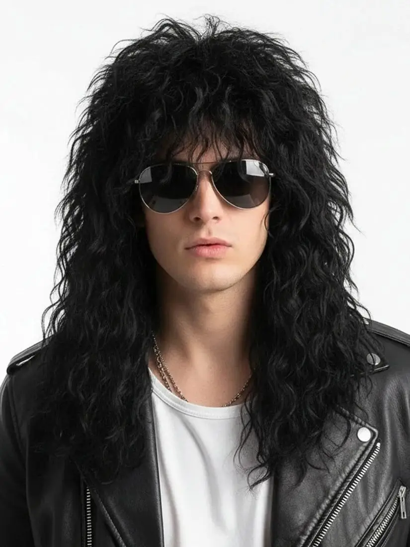 70s 80s Rockstar Synthetic Punk Fluffy Curly Medium Long for Men Wig Halloween Party Mullet Wig Cosplay Rock Rockstar