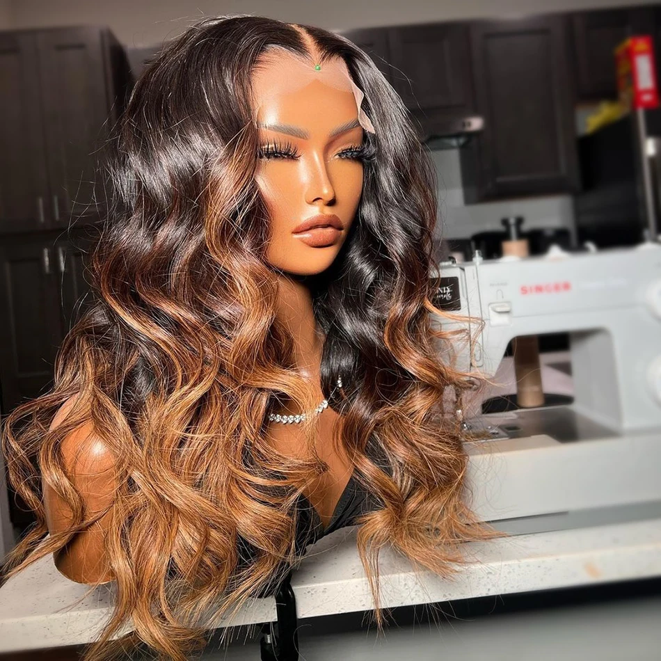 Ombre Honey Brown 13x4x1 Lace Part Human Hair Wigs Transparent T part Lace Middle Hairstyle Body Wave Wig Clearence Sale Wig