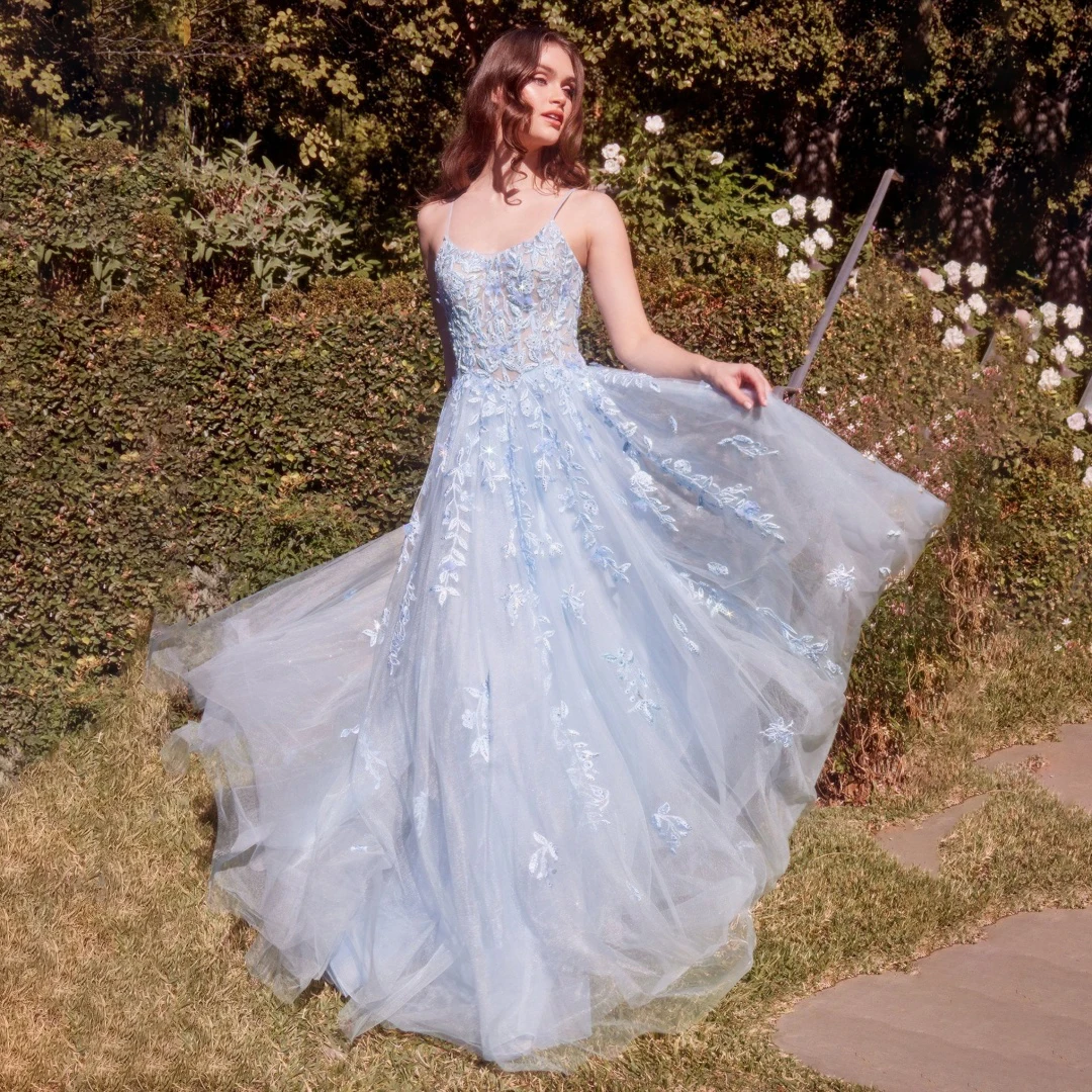 

Sky Blue Tulle Spaghetti Straps Prom Dresses With Appliques Sequins Classic U-neck A-line Floor-Length Birthday Fairy Ball Gowns