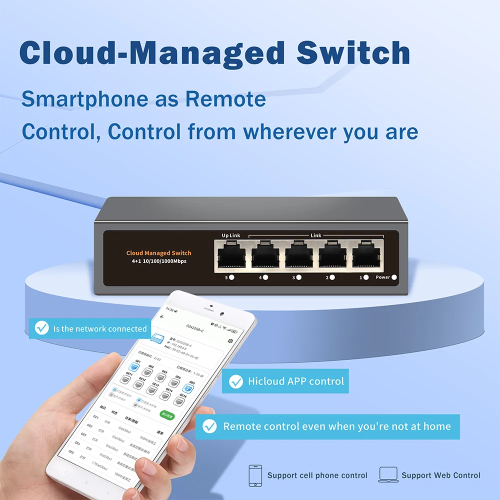 WEB/APP Cloud Managed Gigabit Ethernet Network Switch 5 Port 100/1000Mbps Switch Internet Splitter Desktop RJ45 Hub