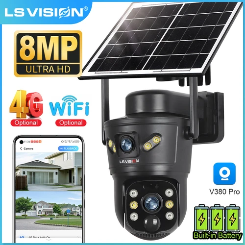 LS VISION デュアルスクリーン 8MP 4G ソーラーセキュリティカメラ Wifi 屋外監視カメラ人間自動追跡 CCTV カメラ V380 プロ
