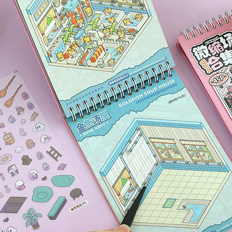 Mr. Paper 1 Sticker Book + 1 Tweezer, Miniature Scenes Cartoon Landscape Collection 4.0 Gothic Theme DIY 3D Sticker Cabin Scenes