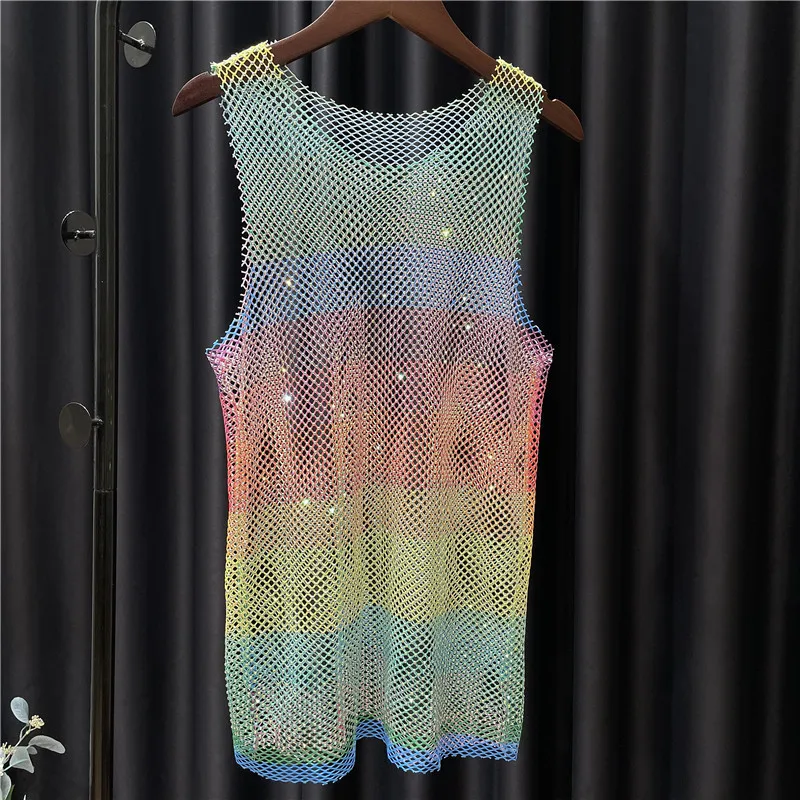 

Bright Diamond Rainbow Vest Hollow Color Rhinestones See-through Mesh Shirt Women Neon Y2K Tank Tops Ropa De Mujer 55cm Long