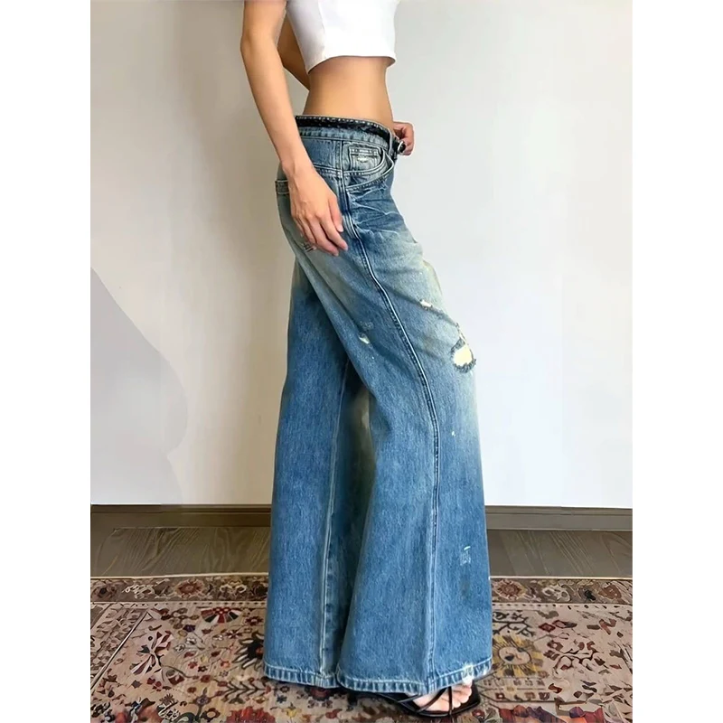 Mulheres americanas retro y2k 2000s rasgado azul jeans feminino solto perna larga calças jeans streetwear cintura alta calças retas
