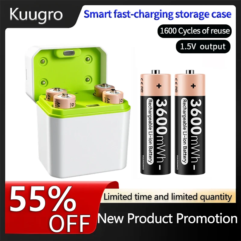 

Kuugro 1.5V AA 3600mWh Rechargeable Battery with 4 Slot Battery Charger for Toy Game Console Mouse Remote Doorbell