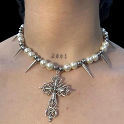 Gothic Pearl Rivet Cross Pendant Necklace Korean Charms Cool Necklace For Women Grunge Jewelry Punk Goth Accessory Choker